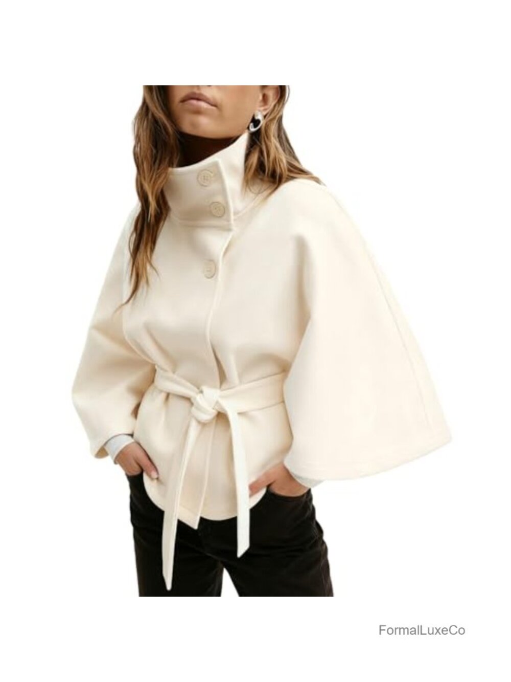Batwing Sleeve Poncho Pea Coat Funnel Neck Belted Cape Jacket